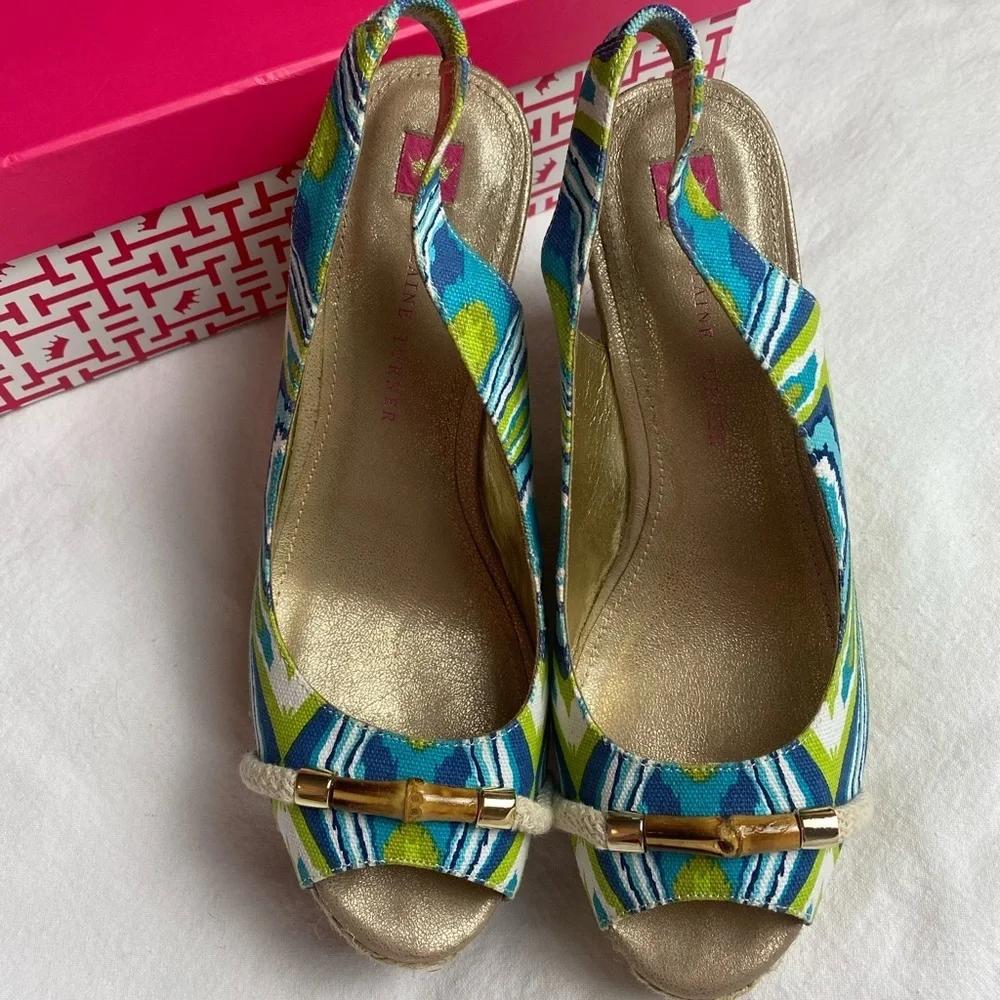 Elaine Turner Harper Green & Blue Espadrille Wedges Size 8.5